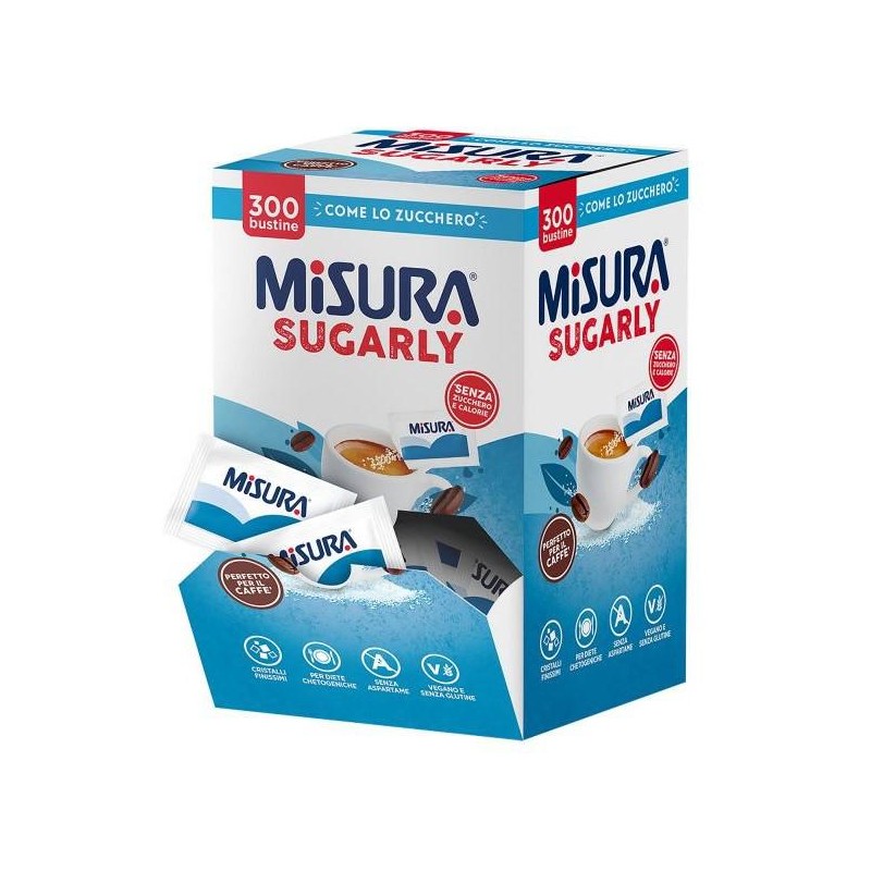 Misura Sugarly Dolcificante Senza Zucchero e Calorie Box da 300 Bustine Misura Sugarly Dolcificante Senza Zucchero e Calorie Box da 300 Bustine